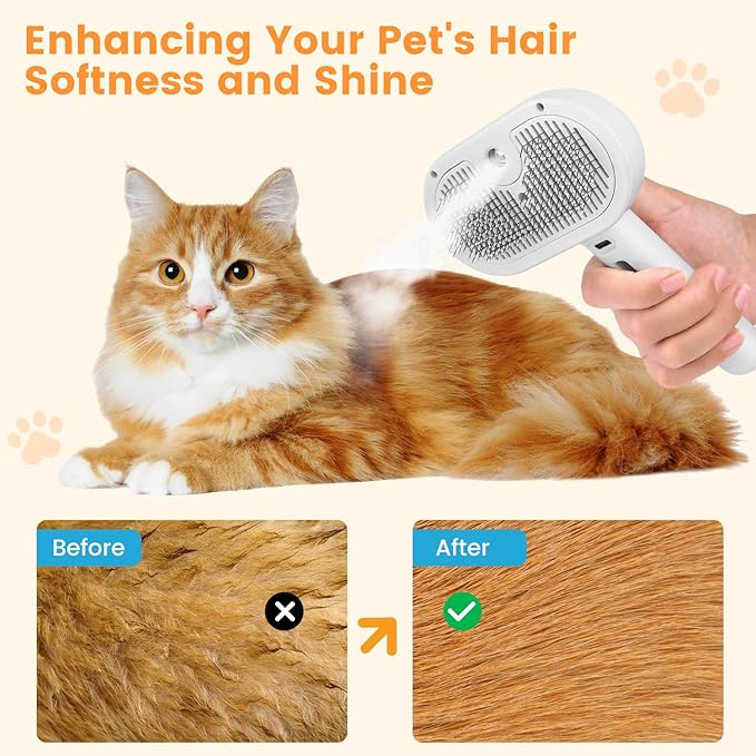 Pet Steam Brush for Indoor Cats & Dogs, Self Cleaning Cat Brush for Shedding & Grooming Supplies, Anti-Static & Anti-Flying Hair Water Mist Spray Hair Removal Comb for Long & Short Haired Animals
