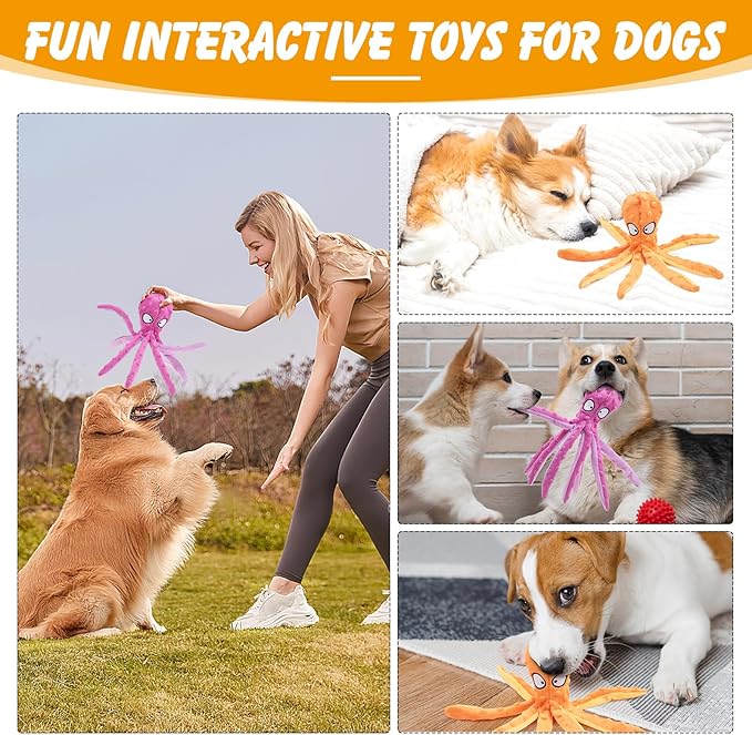 2 Pcs Octopus Dog Toys, No Stuffing Squeaky Dog Toys Chew Toys for Dogs Puppy Toys Indestructible Dog Toy for Small & Medium & Large Dogs (Purple,Orange)