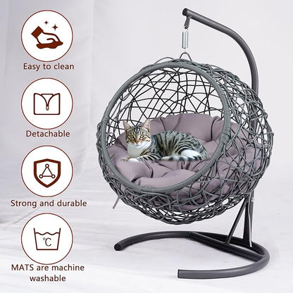 Anwick Cat Swing Bed with Stand & Cushion Indoor Outdoor, Egg Chair with Rattan Wicker Appearance, Indoor Hanging Swinging Hammocks for Cat, Dogs, and Small Animals Bedroom Porch (Gray)