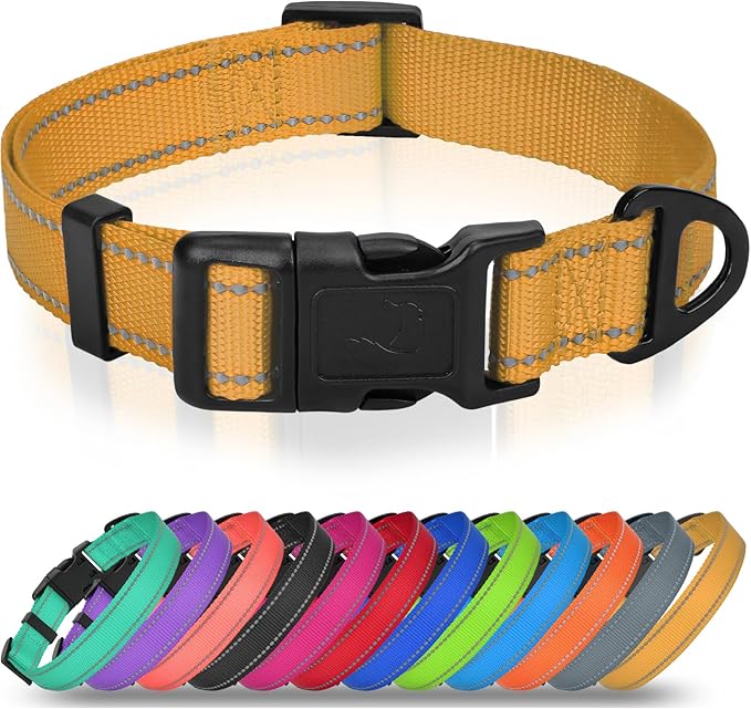 Joytale Dog Collars for Medium Dogs, Comfortable Double-Sided Reflective Nylon Collar for Night Safety, Adjustable Quick-Release for Active Pets, Khaki, M (1" Width)