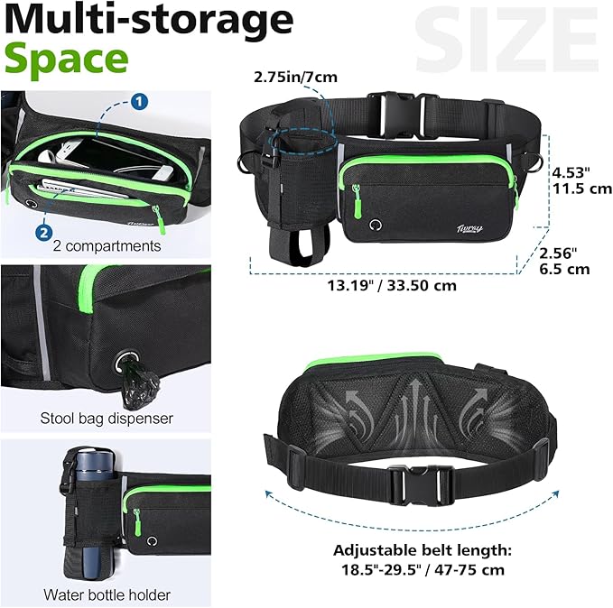 Hands Free Dog Leash, Adjustable Waist Leash for Walking with Dual Bungees Padded Handle, Shock Absorbing Hands Free Belt for Small Medium-Sized Dogs Outdoor Activities, Black + Green