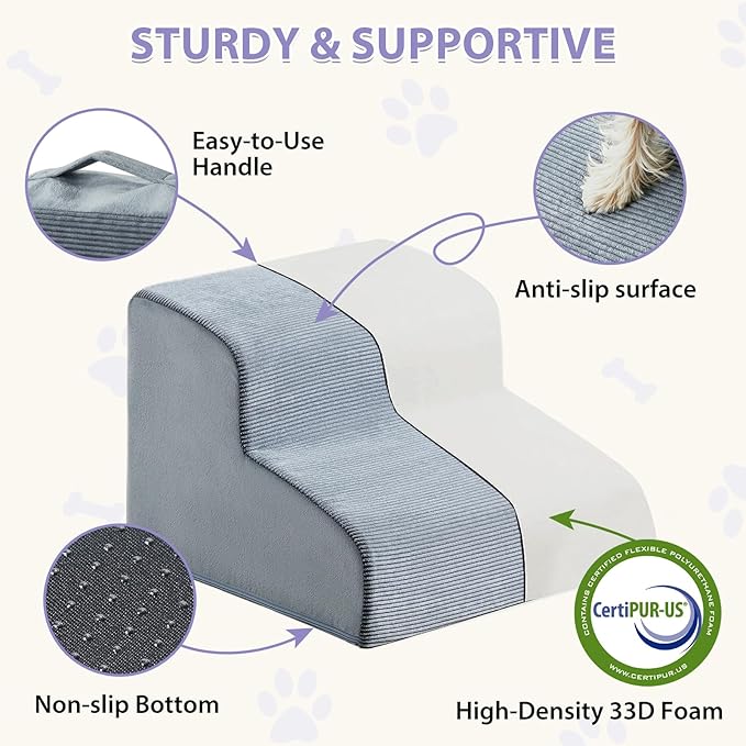 Dog Stairs for Small Dogs, 2-Steps Dog Ramp for Couch, Pet Stairs with Highly Supportive Foam and Non-Slip Bottom, Pet Steps for Cat & Doggie (High 11.8 Inch)