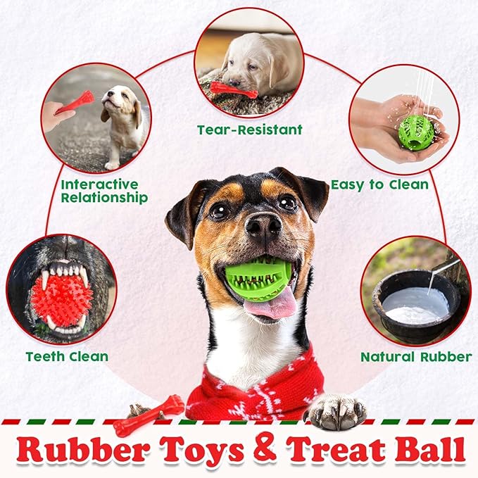 Christmas Dog Toys 9 Pack, Luxury Santa Puppy Chew Toy, Cotton Squeaky Plush Toys for Small Dogs, Durable Interactive Rope Treat Dog Ball and Bones, Rubber Teething Toys for Dogs Gifts