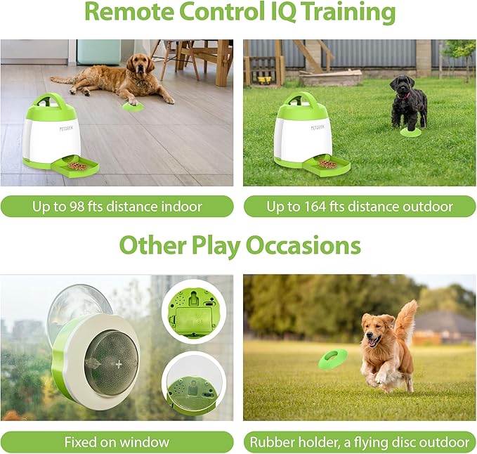PETGEEK Dog Food Dispenser Toy, Interactive Pet Toys Treat Dispensing for IQ Training, Automatic Dog Treat Dispenser with Button Remote Push, Dual Power Supply for Indoor Outdoor Use, Green Color