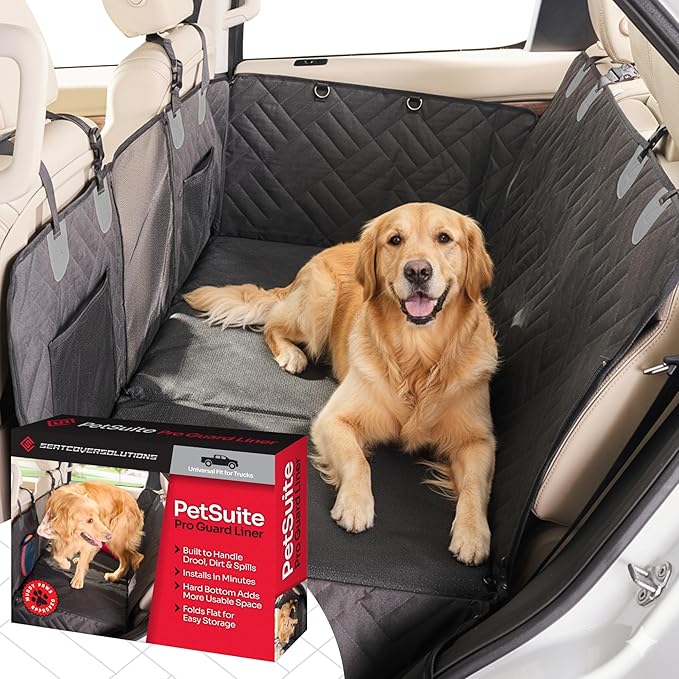 Hard Bottom Dog Car Seat Cover for Back Seat - PetSuite by Seat Cover Solutions- 300-lb Strength Pet Cover for Dogs with 40% Extra Space, Waterproof Nonslip Dog Hammock for Car Hard Bottom (Trucks)