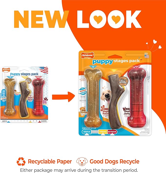 Nylabone Puppy Stages Chew Toy Set, Teething and Chewing Toys for Growing Puppies, Chicken, Maple Bacon, & Beef Jerky Flavors, Medium Dogs - Up to 35 lbs., 3 Pack