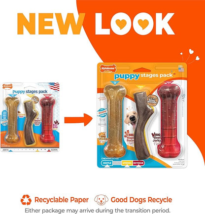 Nylabone Puppy Stages Chew Toy Set, Teething and Chewing Toys for Growing Puppies, Chicken, Maple Bacon, & Beef Jerky Flavors, Medium Dogs - Up to 35 lbs., 3 Pack