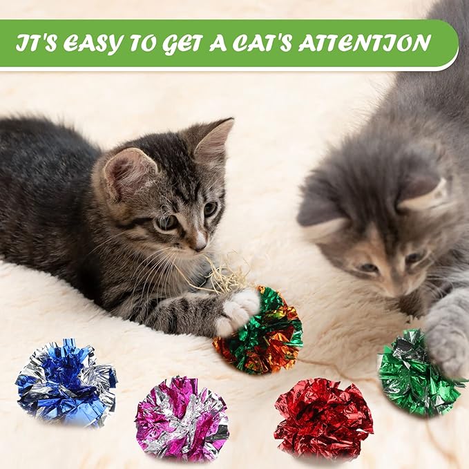 Silkfly 50 Pcs Polyester Film Crinkle Balls Cat Toys 2.36" Interactive Crinkle Ball, Colorful Balls Chew Toy for Cat Chase Ball Toys Attract Cats for Indoor Cats and Kittens to Keep Fit and Active