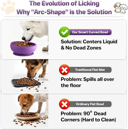 Dog Lick Bowl Slow Feeder with Slanted Anti-Spill Design, Extra-Thick Bite-Resistant Rim, Strong Suction Base, Freezer Safe for Frozen Treats — A Cleaner Alternative to Lick Mats for Dogs (Purple)