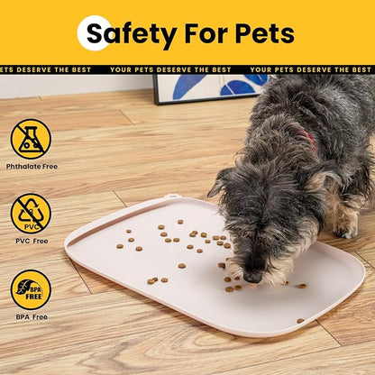 Silicone Dog Food Mat with Side Pocket & Hook Hole, Soft Raised Edges, Easy Clean Waterproof Non-Slip Pet Feeding Mat for Cats and Dogs Water Bowl, Pets Accessories(24"x16",Natural Tan)