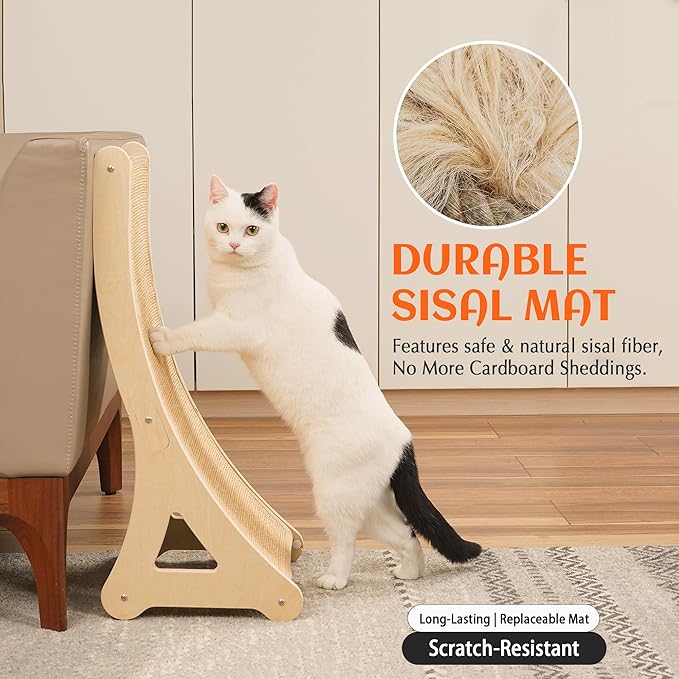 PETKARAY Curved Cat Scratcher, Sisal Kitty Scratching Ramp, L Shape Scratch Pad for Indoor Cats, 25.6" Furniture Protector with Mouse Toy, Chevron Style