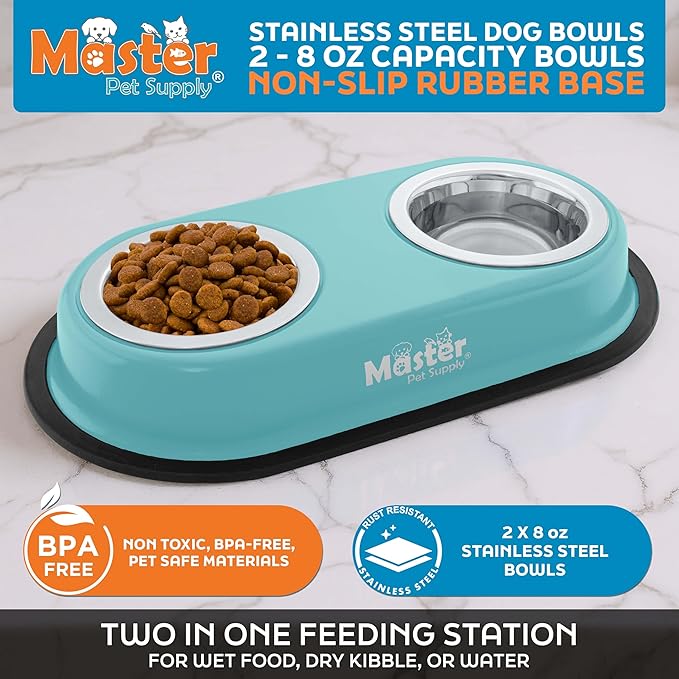 Master Pet Supply Double Dog Bowls Set with Elevated Base and 2 (8 oz) Stainless Steel Removable Dishes (Aqua Sky) – Double Cat Food Water Bowl, Dog Puppy Food Bowl Set, Rust Resistant