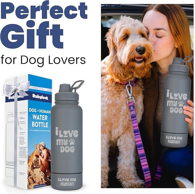 Dog Water Bottle for Dog Lovers - 32 oz Stainless Steel Double Wall Insulated Water Bottle with 8 oz Detachable Bowl on Bottom- Ideal Doggy Lover Gift for Hiking, Walking, Travel - “Love" Smoky Grey