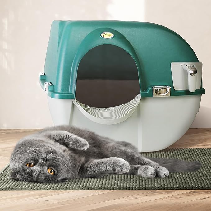 Omega Paw VMRA20-1-PR Premium Roll 'N Clean Large Self Cleaning Litter Box with Integrated Litter Step and Unique Sifting Grill, Forest Green