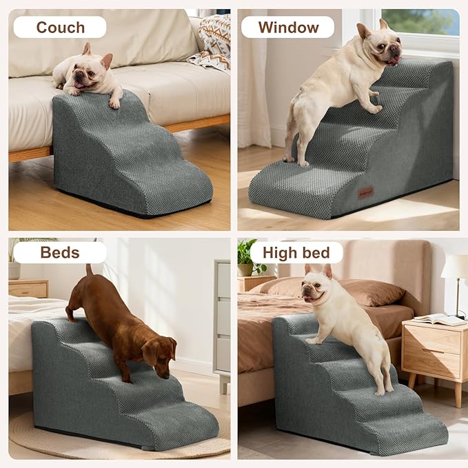 Dog Steps for Bed and Couch,4-Step Dog Stairs and Ramp for Small Dogs & Cats,Indoor Anti-Slip Pet Stairs for Old Cats and Puppy,Grey