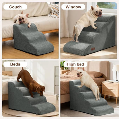 Dog Steps for Bed and Couch,4-Step Dog Stairs and Ramp for Small Dogs & Cats,Indoor Anti-Slip Pet Stairs for Old Cats and Puppy,Grey