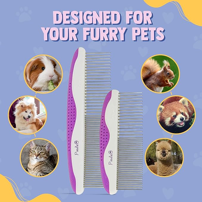 Poodle Pet Dog Combs for Grooming | 2 Pack | Stainless Steel Teeth Easily Remove Dirt | Proper Care Prevents Knots and Mats for Long and Short Haired Pets | Anti-Slip Comfort Grip Handle (Purple)