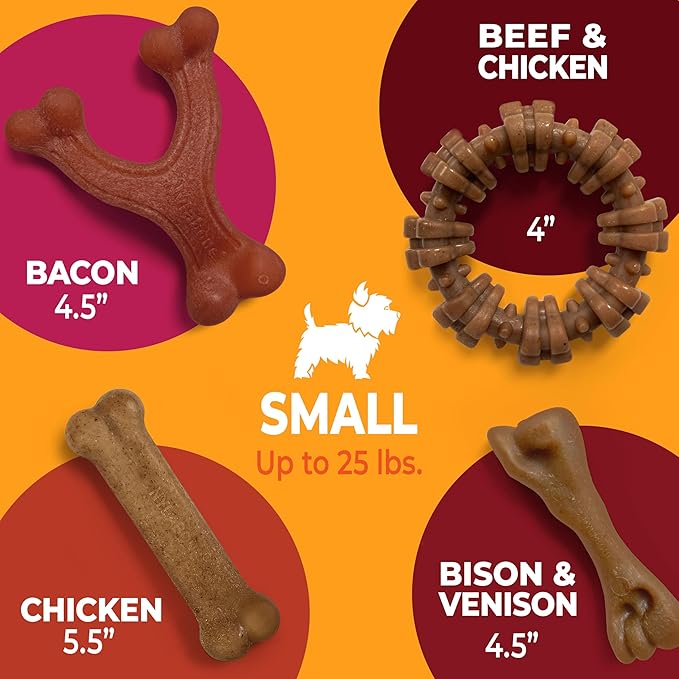 Nylabone Strong Chew Dog Toy 4-Pack Made with Real Bacon, Bison, Venison, Beef, & Chicken, Durable Chew Toys for Aggressive Chewers, Long Lasting Dog Bone, Small Breeds - Up to 25 lbs, 4 Count