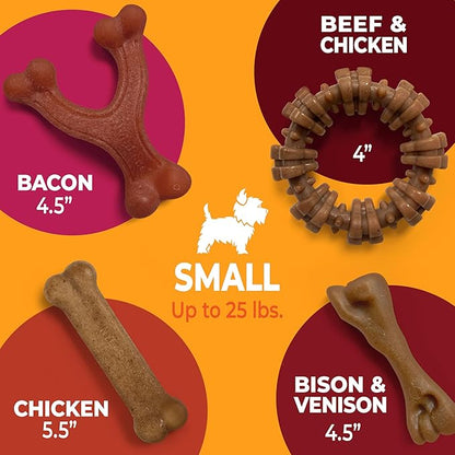 Nylabone Strong Chew Dog Toy 4-Pack Made with Real Bacon, Bison, Venison, Beef, & Chicken, Durable Chew Toys for Aggressive Chewers, Long Lasting Dog Bone, Small Breeds - Up to 25 lbs, 4 Count