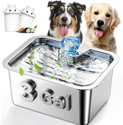 Stainless Steel Water Fountain for Large Dogs 3-Gallon Extra-Large Capacity Pet Water Dispenser Multi-Pet Compatible Drinking Bowl Easy to Clean Quiet Pump Design