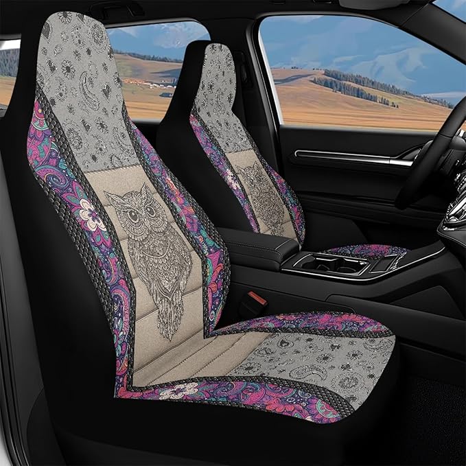 Owl Car Front Seat Covers Waterproof Universal Front Seat Cover Boho Floral Removable Automotive Accessories Suitable for Cars, SUV and Trucks