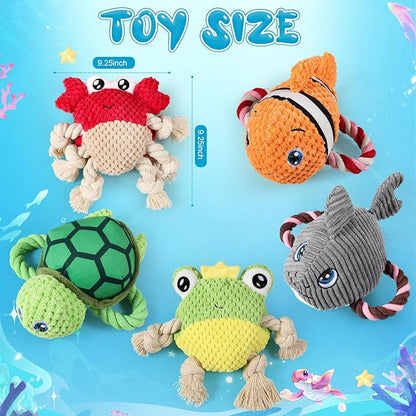 5 Pack Ocean Dog Toys Rope Plush Interactive Squeaky Rope Tug of War Dog Toys for Small Medium Large Dogs