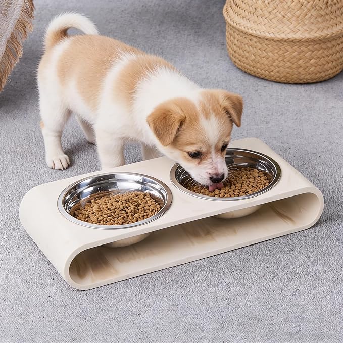 Beige Marble Elevated Dog Bowls Set - 2 Thick 6" Stainless Steel Puppy Food Bowl with Non-Slip Raised Holder Stand, Double Feeding Bowls for Food and Water, Suitable for Cats and Small Medium Pet
