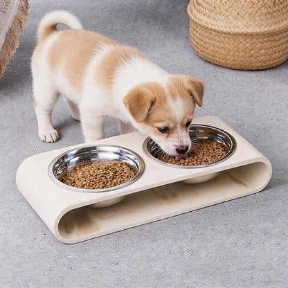 Beige Marble Elevated Dog Bowls Set - 2 Thick 6" Stainless Steel Puppy Food Bowl with Non-Slip Raised Holder Stand, Double Feeding Bowls for Food and Water, Suitable for Cats and Small Medium Pet