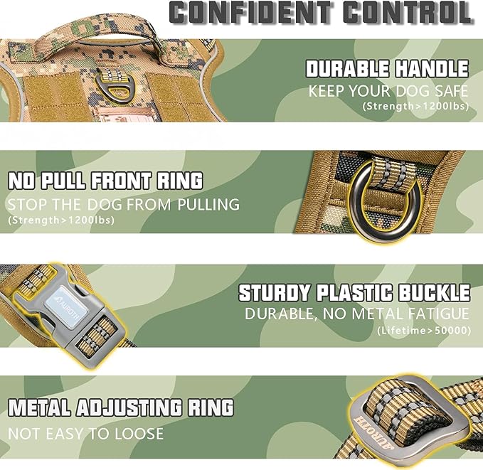 AUROTH Tactical Dog Harness for Small Medium Dogs No Pull Adjustable Pet Harness Reflective Working Training Easy Control Pet Vest Military Service Dog Harnesses Woodland Camo M