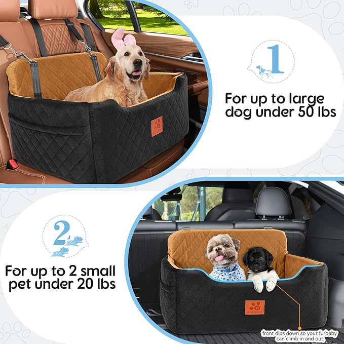 GL GLENSLAVE Dog Car Seat for Medium/Large Dogs,Pet Booster Car Seats for Under 50lbs or 2 Small Dogs, Detachable and Washable Pet Bed,Multi-Functional Travel Dog Bed(Black/Brown)