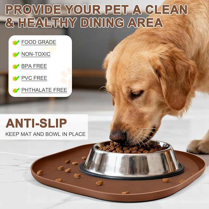 Small Silicone Pet Food Mat with Raised Edge for Food and Water Bowl, Square Dog Feeding Mats, Cat Food Trays for Floor Waterproof, Rubber Tray for Dogs and Cats, 12 x 12 x 0.7 Brown