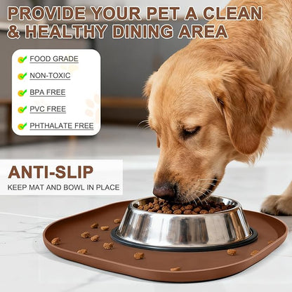 Small Silicone Pet Food Mat with Raised Edge for Food and Water Bowl, Square Dog Feeding Mats, Cat Food Trays for Floor Waterproof, Rubber Tray for Dogs and Cats, 12 x 12 x 0.7 Brown