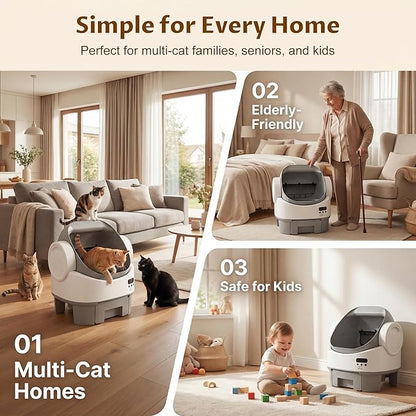 Greesum Self Cleaning Cat Litter Box, No App or WiFi Required, Open-Top Automatic Litter Box for Multiple Cats, 10-Day Capacity, Safety Sensors, Odor Control