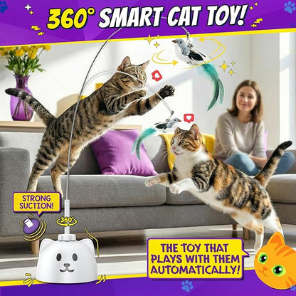 Interactive Cat Toys for Indoor Cats: Upgraded 360° Automatic Spin Flying Bird Feather Wand with Silicone Protected Rod Safe Play, Strong 8cm Suction Cup, USB-Rechargeable for Bored Kittens and Adult