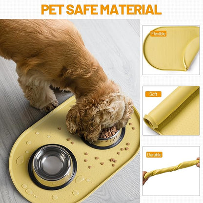 Hubulk 100% Waterproof Silicone Pet Feeding Mat with Raised Edge for Food and Water, Dog Bowl Mats, Cat Bowls Placemat with High Lip Protects Floor for Cats and Dogs (Yellow, 19" L x 12" W)