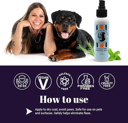 Probiotic Odor Eliminator – Plant-Based, Non-Toxic & Cruelty-Free – Neutralizes Pet Odors at The Source – Vegan, Small-Batch Grooming Mist – 4 z Made in USA