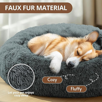 JOLLYVOGUE Calming Dog Bed Medium Size Dog, Anti-Anxiety Donut Medium Pet Bed, 27 inches Fluffy Faux Fur Round Cat Bed (Navy Grey)