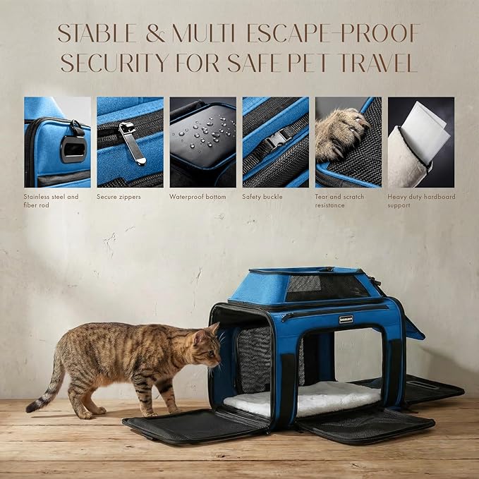 Top-Expandable Pet Carrier with Treat & Pet Window,17x11x9.5 Inch Alaska Hawaiian Airline Approved,Soft-Sided Dog Carrier for Small Dogs and Cats,Travel Cat Carrier with Locking Safety Zippers,Blue