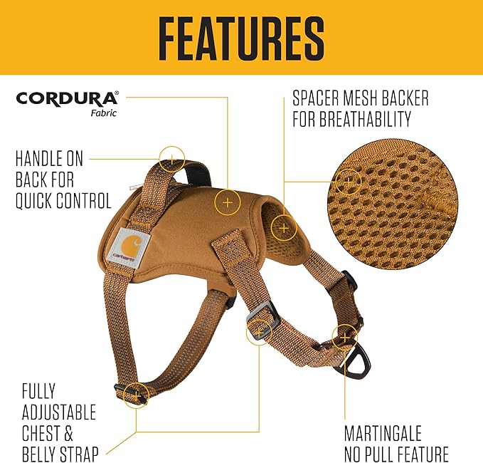 Carhartt Nylon Duck No Pull Dog Harness, Fully Adjustable Dog Harness with Quick Control Handle and Reflective Accents, Carhartt Brown, Small