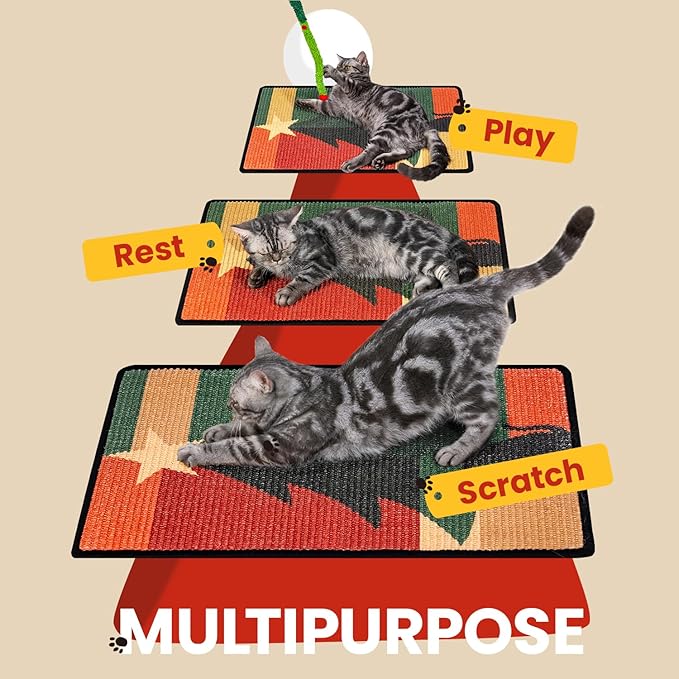 Cat Scratcher Mat,Sisal Cat Scratch Pad,Horizontal Floor Cat Scratching Pads Rug for Indoor Cats,Protector for Wall&Carpets&Sofas,Kitty Xmas-Gift, Includes Cat Toy (M, Christmas)