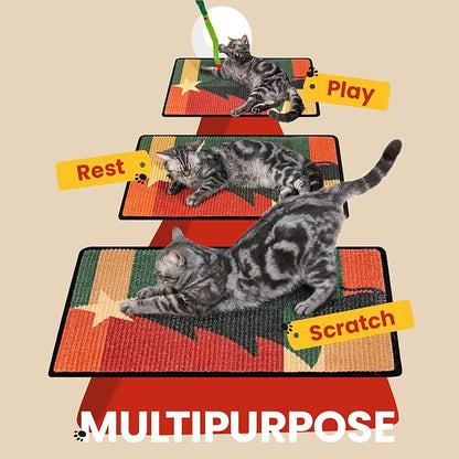Cat Scratcher Mat,Sisal Cat Scratch Pad,Horizontal Floor Cat Scratching Pads Rug for Indoor Cats,Protector for Wall&Carpets&Sofas,Kitty Xmas-Gift, Includes Cat Toy (M, Christmas)
