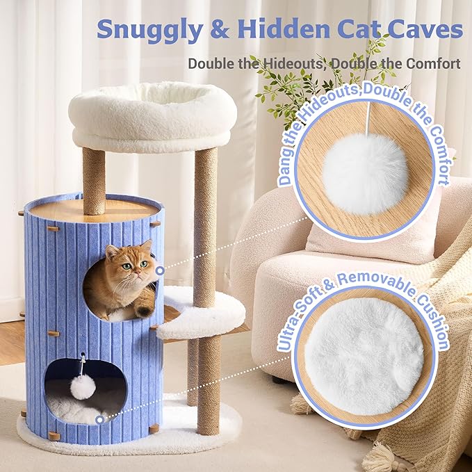 Modern Cat Tree for Indoor Cats Large Adult, 36in H Cat Tree Tower with Scratching Posts, Cozy Cat Bed Cave, Washable Cushions, Dangling Balls, Play&Nap Cat House Condo for All Breeds, Blue