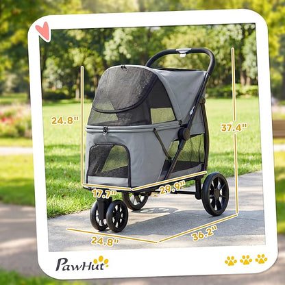 PawHut 3 Wheel Pet Stroller, Dog Stroller Dual Entry, Easy One-Click Quick Fold, All-Terrain Wagon Cart with Air Mesh, Washable Cushion, for Small and Medium Dogs and Cats Up to 44 lbs, Gray