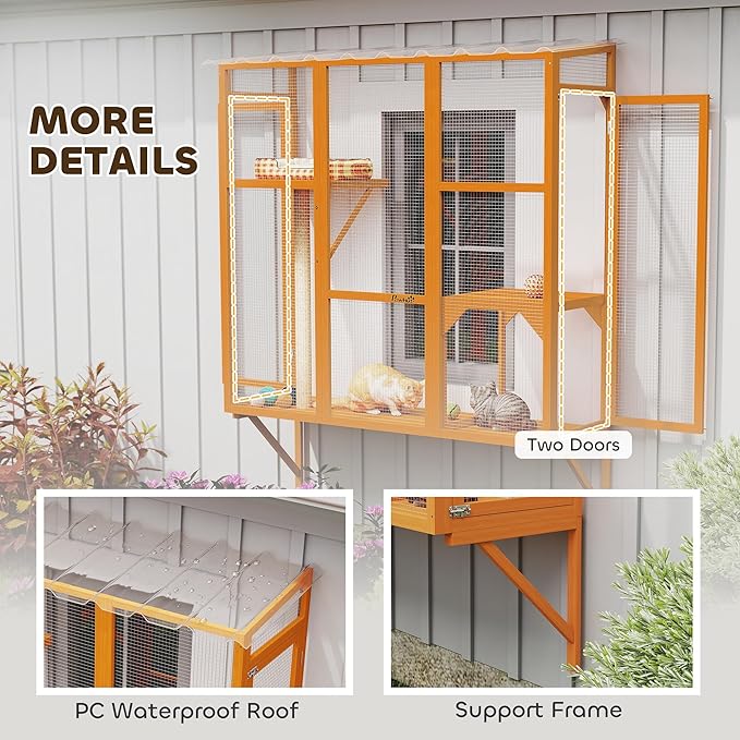 PawHut Outdoor Catio, Cat Window Catio Box Enclosure for 2-3 Large Indoor Cats with 2 Jumping Platforms, Scratching Post, for Playing, Sunbathing, Napping, Cat Window Perch for Enjoying Sights, Orange