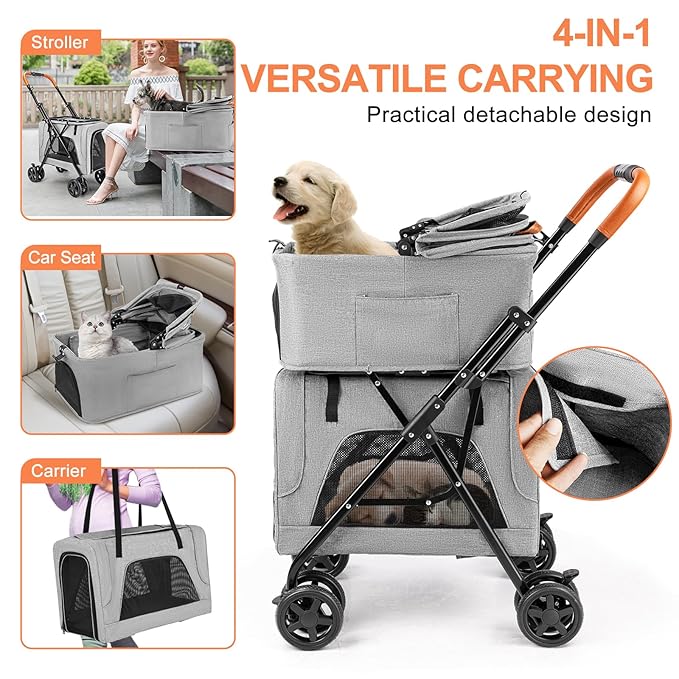 Double Pet Stroller with Detachable Carrier for Medium Small Dogs and Cats, Lightweight Dog Stroller Travel Carriage with No-Zip Canopy Storage Basket One-Click Folding and One-Foot Brake