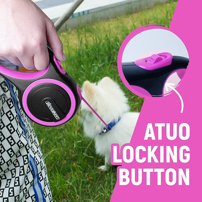 16 FT Retractable Dog Leash with No Tangle for Dog up to 44lbs, One-Handed Brake, with Non-Slip Handle, Strong Nylon Tape for Small and Medium Dogs