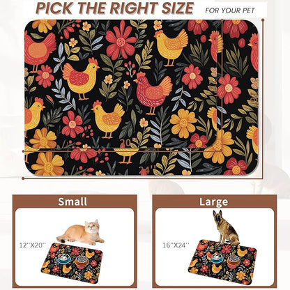 Chicken Rooster Hen Flower Meadow Dog Cat Food Mat,Absorbent Pet Feeding Mat with Rubber Backing,Non-Slip Water Bowl Placemat,Indoor Pet Accessories Supplies 12"x20"