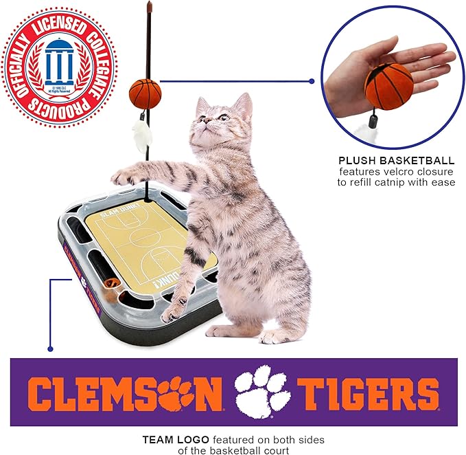 Cats Scratcher NCAA Clemson Tigers Basketball Court CAT Scratcher Toy with Catnip Filled Plush Basketball Toy & Feather Cat Toy Hanging, with Jingle Bell Interactive Ball Cat Chasing 5-in-1 Kitty Toy