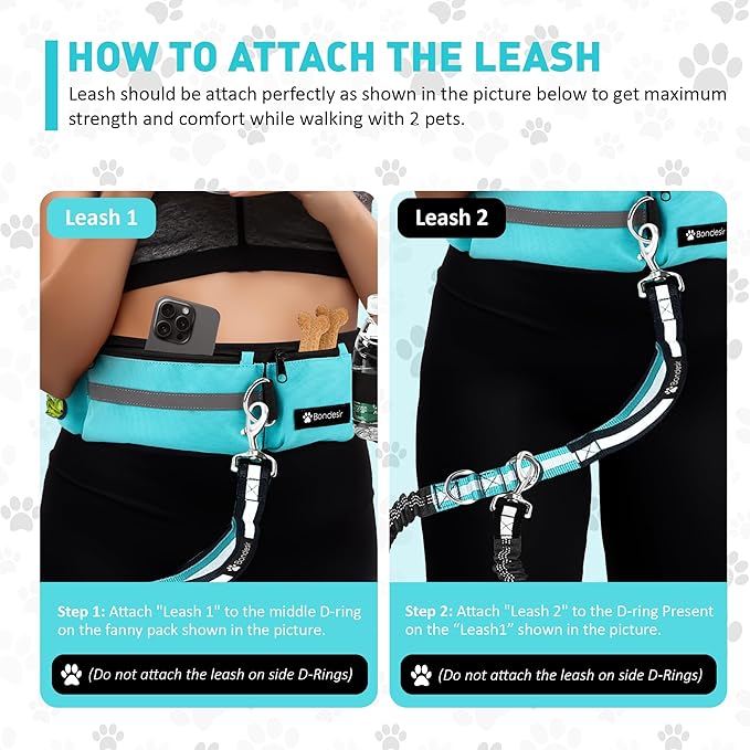 Waist Leash for Double Dog Walking 2 Medium and Large Dogs; Shock-Absorbing, No Pull, No Tangle, Heavy Duty, Hands-Free Double Bungee 2 Dog Leash; Hiking, Walking, Running Gear with Multiple Pockets