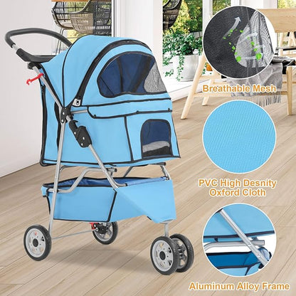 BestPet 3 Wheels Pet Stroller Dog Stroller Cat Cage Jogger Stroller Cats Travel Folding Carrier Waterproof Puppy Stroller with Cup Holder & Removable Liner,Blue